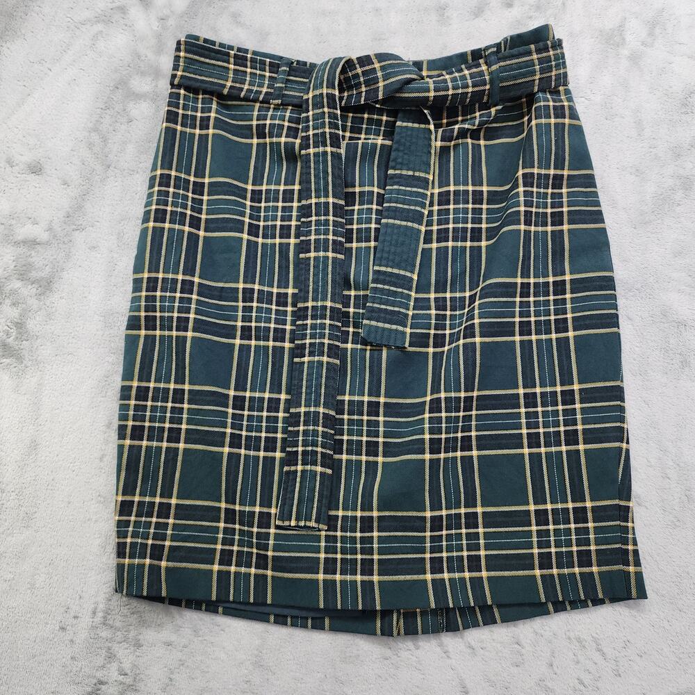 Carolina Belle Skirt Size 10 Green Plaid Pencil Tie Belted Stretch Office Preppy